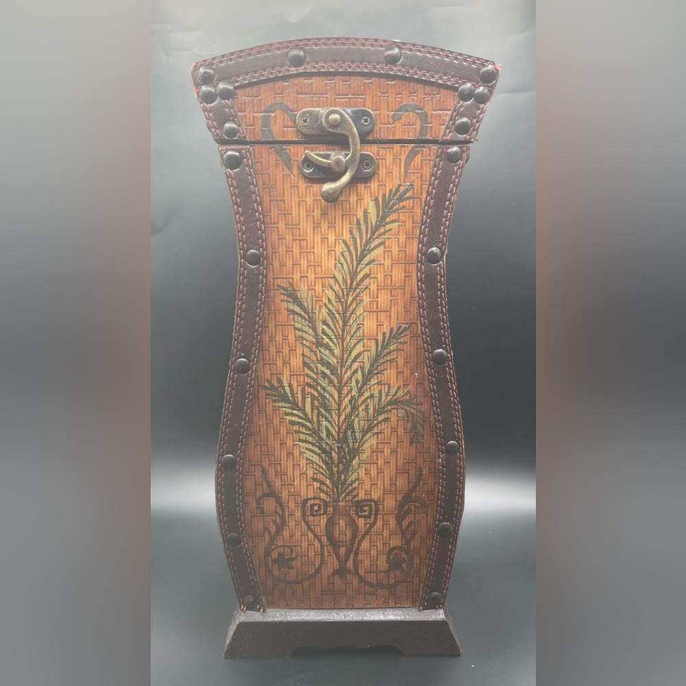 Wood Wine Carrier Box Decor Metal Clasp Faux Leather Black Studs Painted